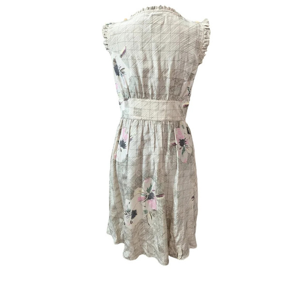 Re: Sound 100% SILK Floral Print Neutral Ruffle Mini V-Neck Blouson Dress Size S - Picture 3 of 12